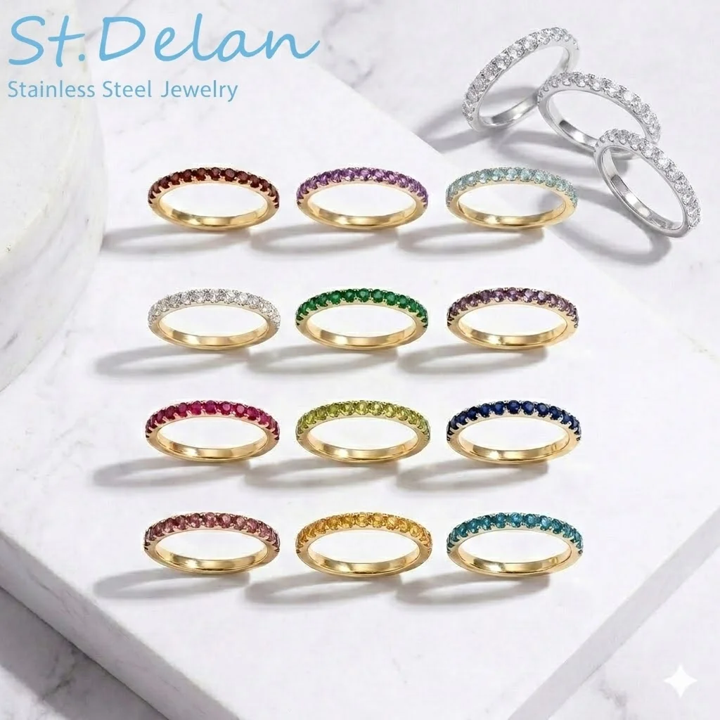 Luxury Stainless Steel Colorful Zircon Hoop Ring For Women Fashion 12 Sparkling Birthstone Ring Wedding Jewelry
