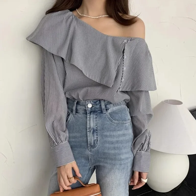 Neploe Sexy Off Shoulder Onregelmatige Ruches Blouses Koreaanse Vintage Gestreepte Shirts Vrouwen Y 2K Ruches Lange Mouw Blusas Mujer