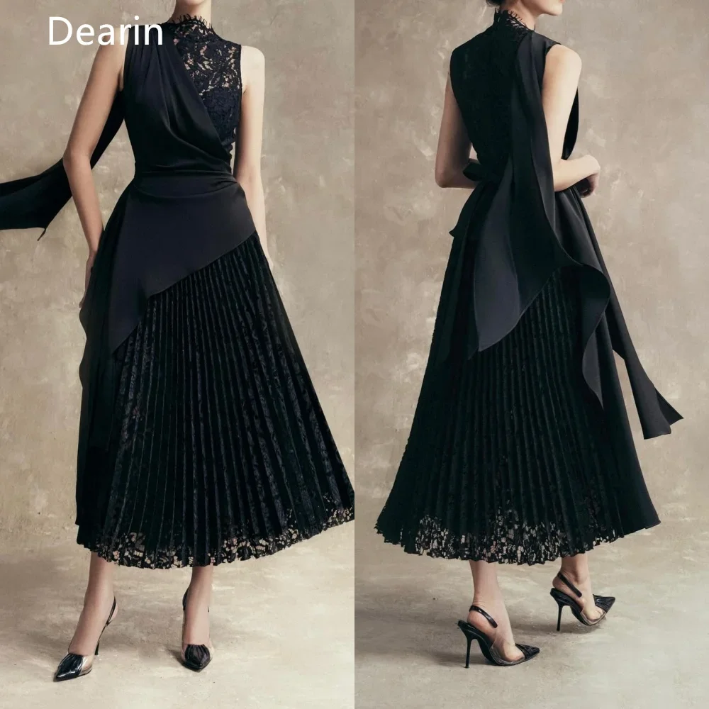 

Customized Prom Dress Saudi Arabia Dearin High Collar A-line Ankle Length Skirts Draped Tulle Bespoke Occasion Dresses Formal Ev