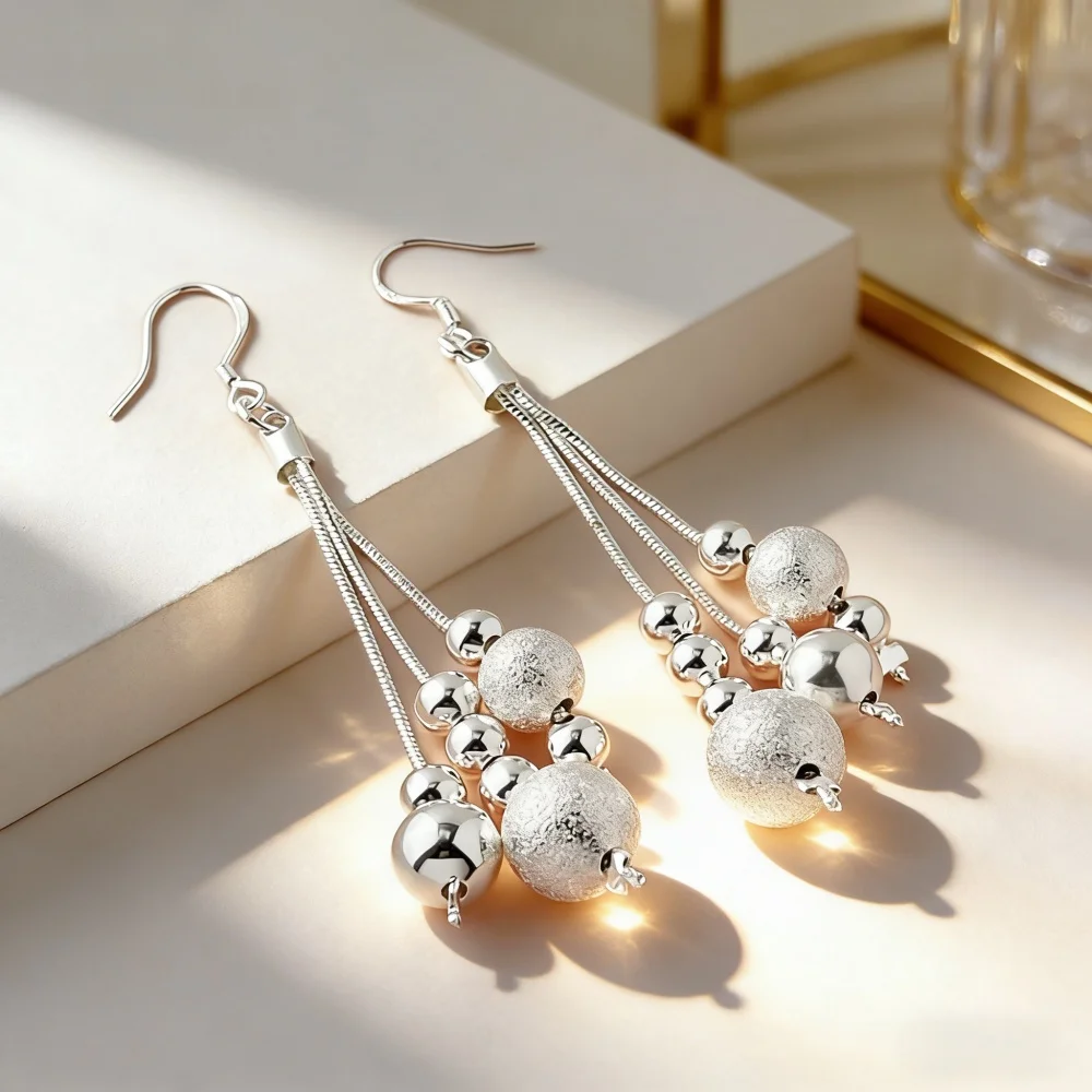 

Серьги из стерлингового серебра 925 пробы, стильные, простые, с тремя рядами бусин, цвета светлого песка, подарок на день рождения, годовщину, для повседневной носки