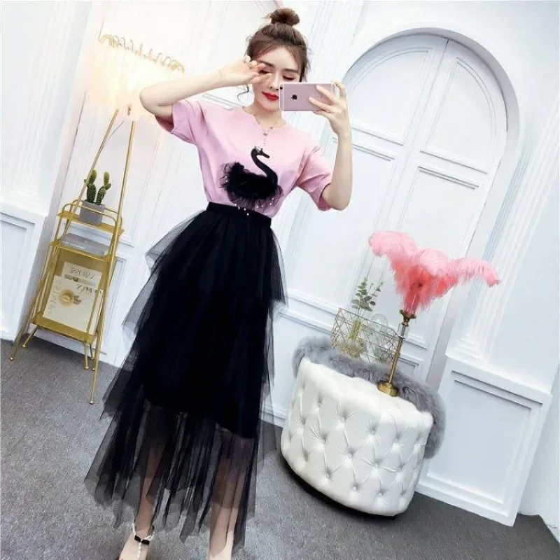 Short Sleeve Mature Skirt 2 Pieces Sets for Women Kawaii Vacation 2024 New Matching Formal Event Clothing Luxury Woman Outfit