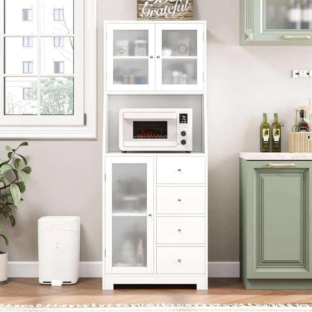 64'' Tall Kitchen Storage Cabinet, Kitchen Hutch with Microwave Stand, Pantry Cabinet with Adjustable Shelves, for Kitchen