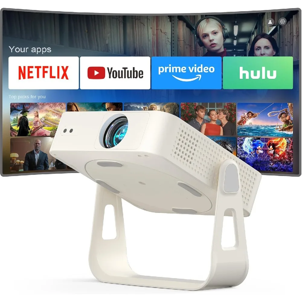 Mini Proyector Inteligente 4K con WiFi y Bluetooth, Proyector de Películas Portátil con Resolución Nativa de 1080P, Proyector para Exteriores con 360 °   Soporte