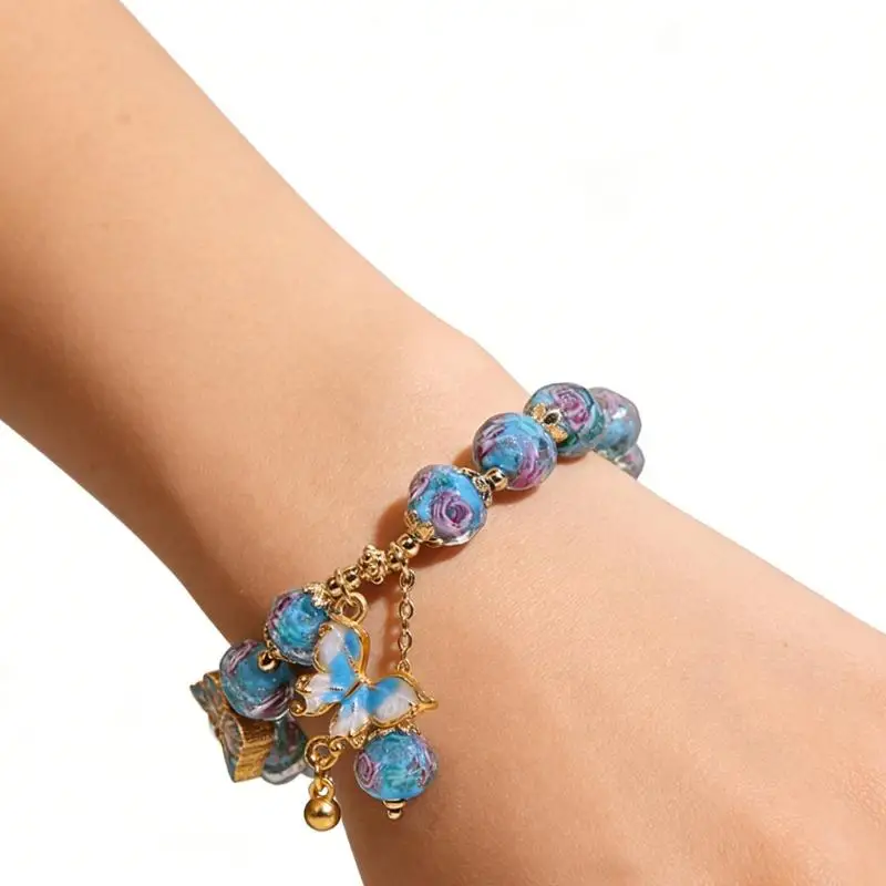 31BF Glass Bead Butterfly Pendant Bracelet Rose Garden Design Offering Comfortable Beads Bracelet for Special Occasions