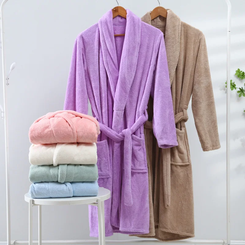 

Warm Flannel Sleepwear Coral Velvet Bathrobe with Pocket Peignoir for Women Home Wear Kimono Gown Homme Robes Nightgown Winter