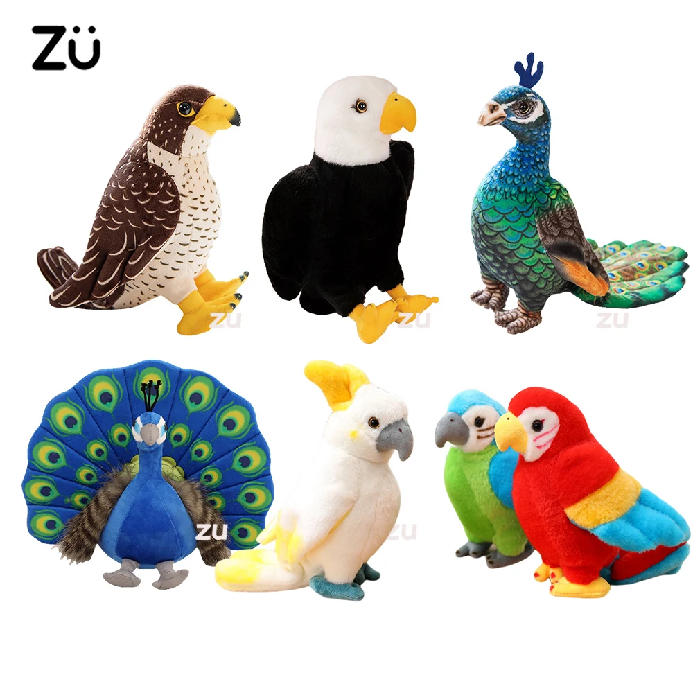 

25cm Simulation Stuffed Animal Cute Birds Parrots Toucan Owl Eagle Peacock Plushies Kids Baby Toys Educational Gift For Children