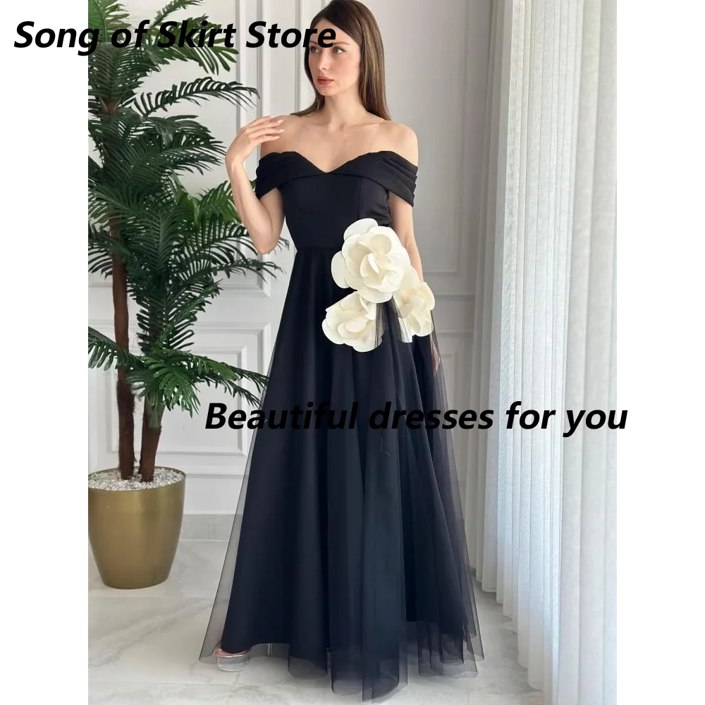 

Black Prom Dress Customized Off Shoulder V Neck Handmade Flowers A Line Evening Dresses Floor Length Formal Occasion Gown