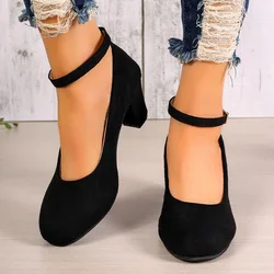 2024 Spring Summer Ankle-strap Shoes Woman Round Toe Thick Heel Buckle High Heels for Women's Fashion Party Pumps