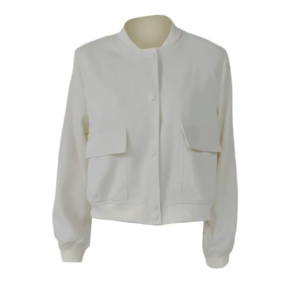 Round Neck Jacket Women's Round Neck Solid Color Cardigan Jacket with Buttons Pockets Long Sleeve Loose Coat for Fall Spring