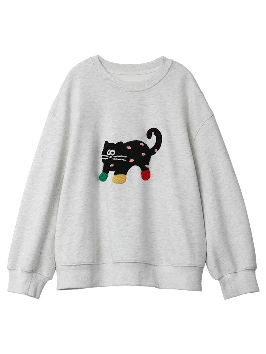 CHIC VEN Women Sweatshirts Korean Casual Loose O-Neck Cat Cartoon Embroidery Pullovers Female Clothing Autumn Winter New 2025