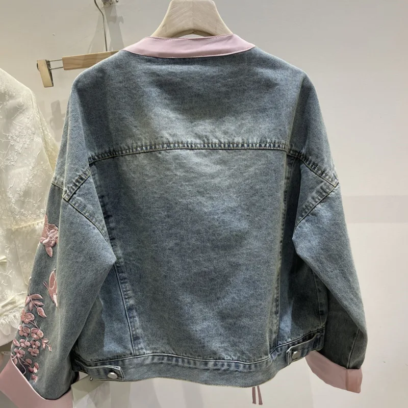 Chinese Style Buckle Denim Jacket For Women's Vintage Embroidery Stand Up Collar Top 2025 Spring Autumn Long Sleeve Jeans Coat