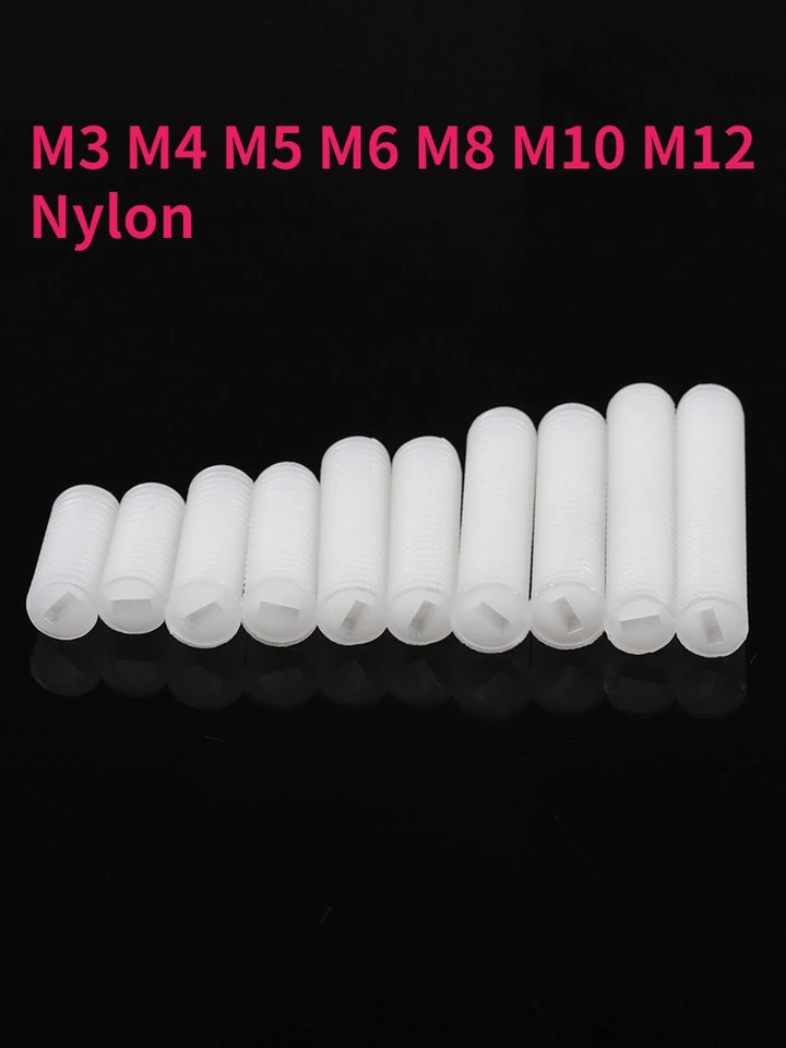 10/20 Pcs M3 M4 M5 M6 M8 M10 M12 Metrische Draad Wit Nylon Plastic Geïsoleerde Ingelaste platte Punt Einde Headless Grub Bolt Stelschroef(20mm, M12-10PCS
