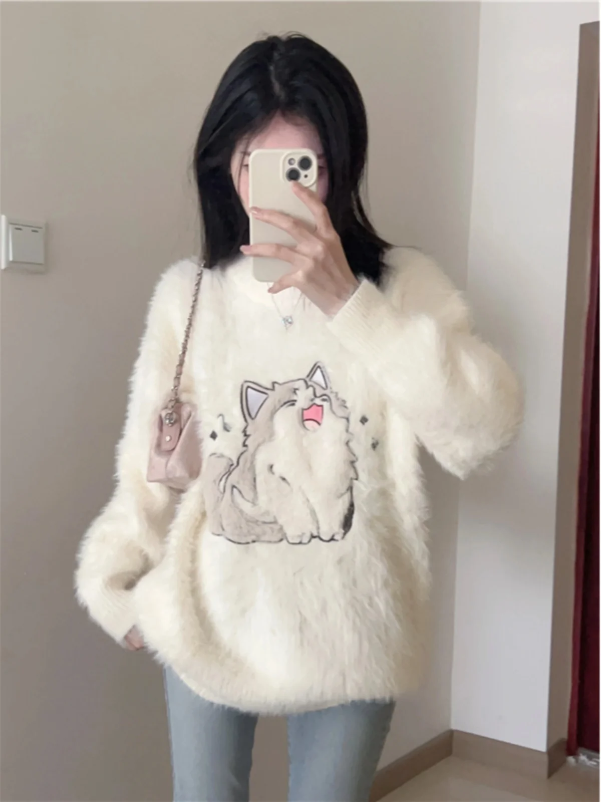 

Women's Thiened Faux Fur Knitted Sweater Autumn Winter Loose Sle Inner Wear Long Sve round Ne Warm Casual Top