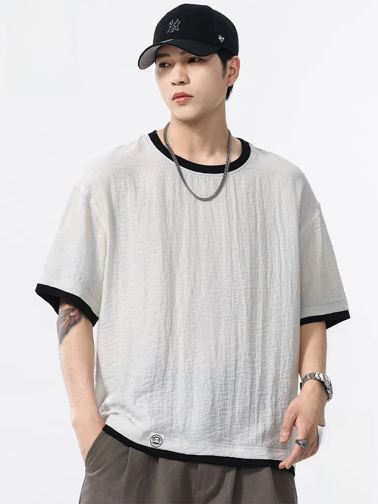 

Льняная дышащая футболка для мужчин, летняя, тонкая, повседневная, свободного кроя, с коротким рукавом, с цветными блоками, с дизайном в виде обезьяны, с круглым вырезом