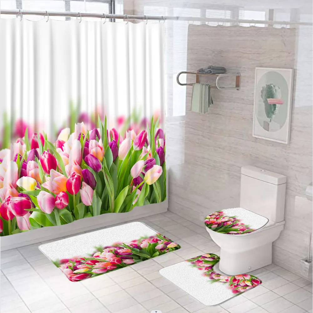 Watercolor Tulip Floral Shower Curtain Sets Non-Slip Carpet Rug Toilet Cover Bath Mat Pink Flowers Art Fabric Bathroom Curtains