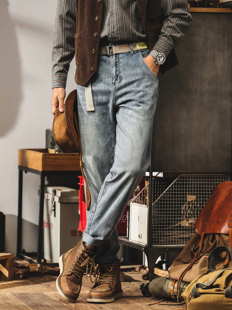 

Американские ретро светло-голубые джинсовые джинсы мужские весенне-осенние свободные прямые повседневные длинные брюки из смеси хлопка, полиэстера и спандекса