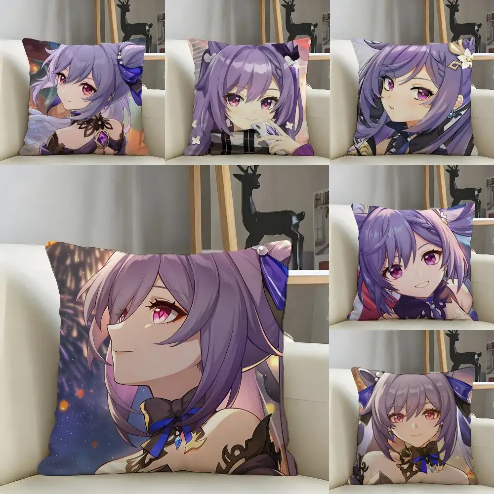 

Keqing Genshin Game Cushion Cover Natural Linen Organic Fabric Double-Sided Printing Breathable For Decor