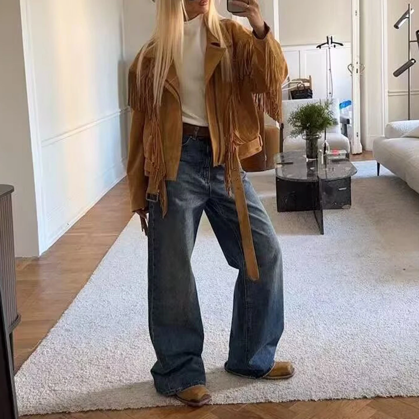 معطف نسائي رائع واسع الكتف طويل Sve لون نقي مزين بشراشيب لخريف 2025 معطف جديد بسحاب للإغلاق #2