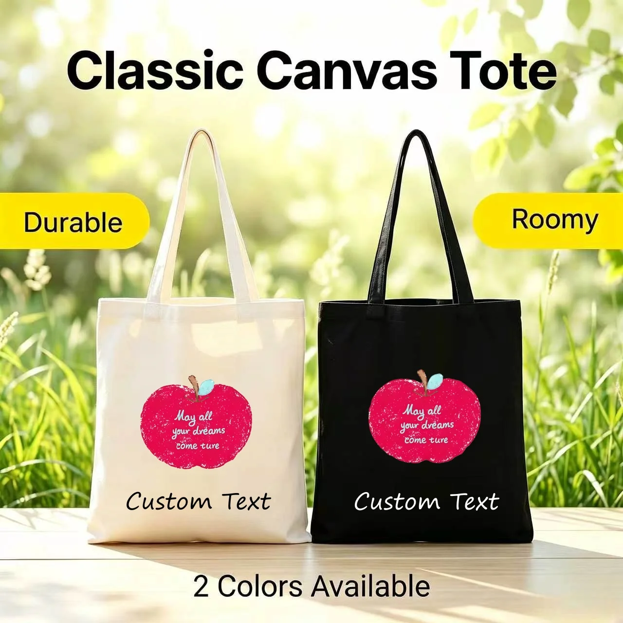 1PC Custom Text Red Apple Inspirational Quote Print Tote Bag Personalized Canvas Shopping Shoulder Handbag