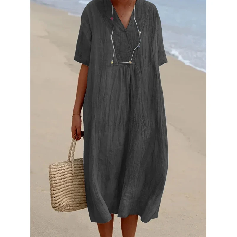 Summer Autumn V-neck Vintage Folds Cotton Linen Dress Female Short Sleeve Loose Casual Robe Women Solid Color Vestidos De Fiesta