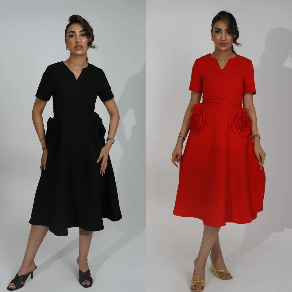 Flor drapeada Ruched Homecoming Vestido Midi, A Linha V-Neck Vestido, Vestido Ocasião Bespoke