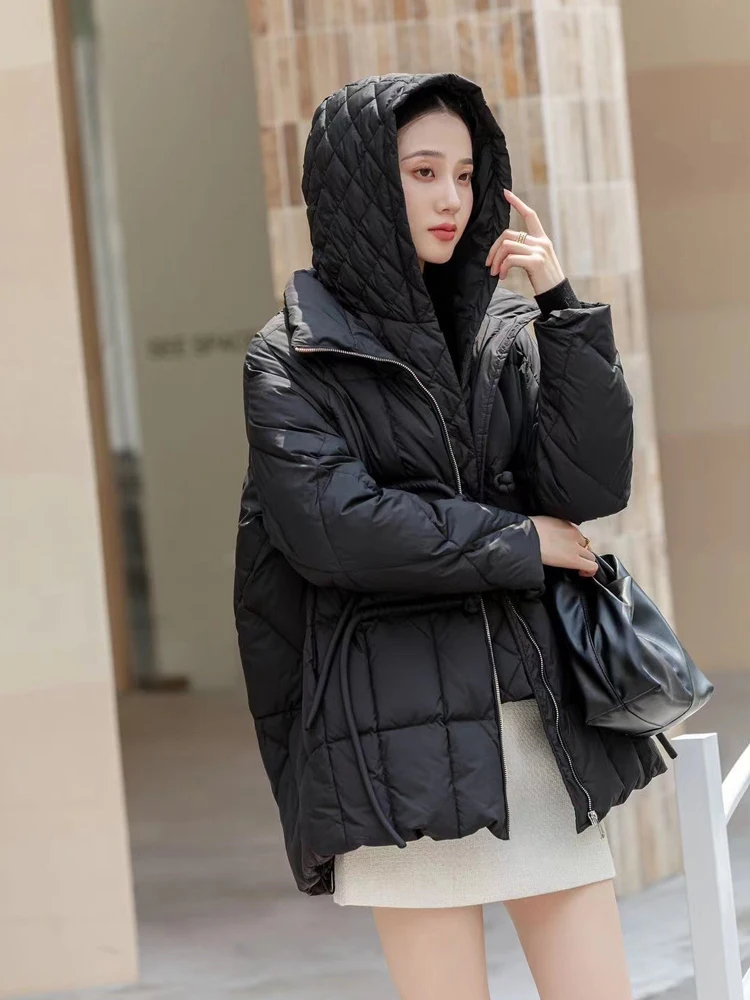 Chinese style Hooded down jacket Warm Oversized 2024 Winter High quality 90% white duck down coat Outerwear Brown INKEO 3O285