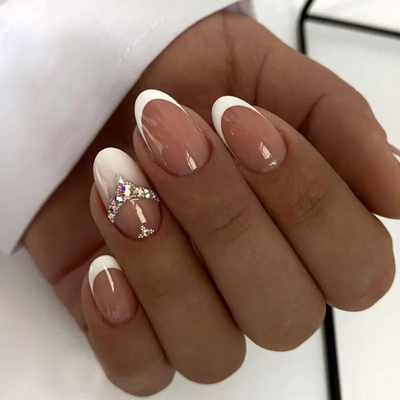 24Pcs Almond Nail Blue Diamond Glitter Nail Art Fake Nails Artificial Acrylic Full Coverage False Nail Removable Press on Nails