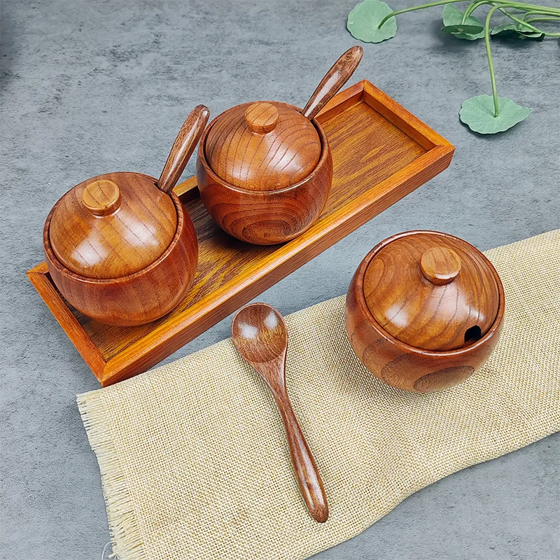 Wooden Seasoning Jar Creative Kitchen Retro Salt Sugar Pot Seasoning Storage Jar With Lid