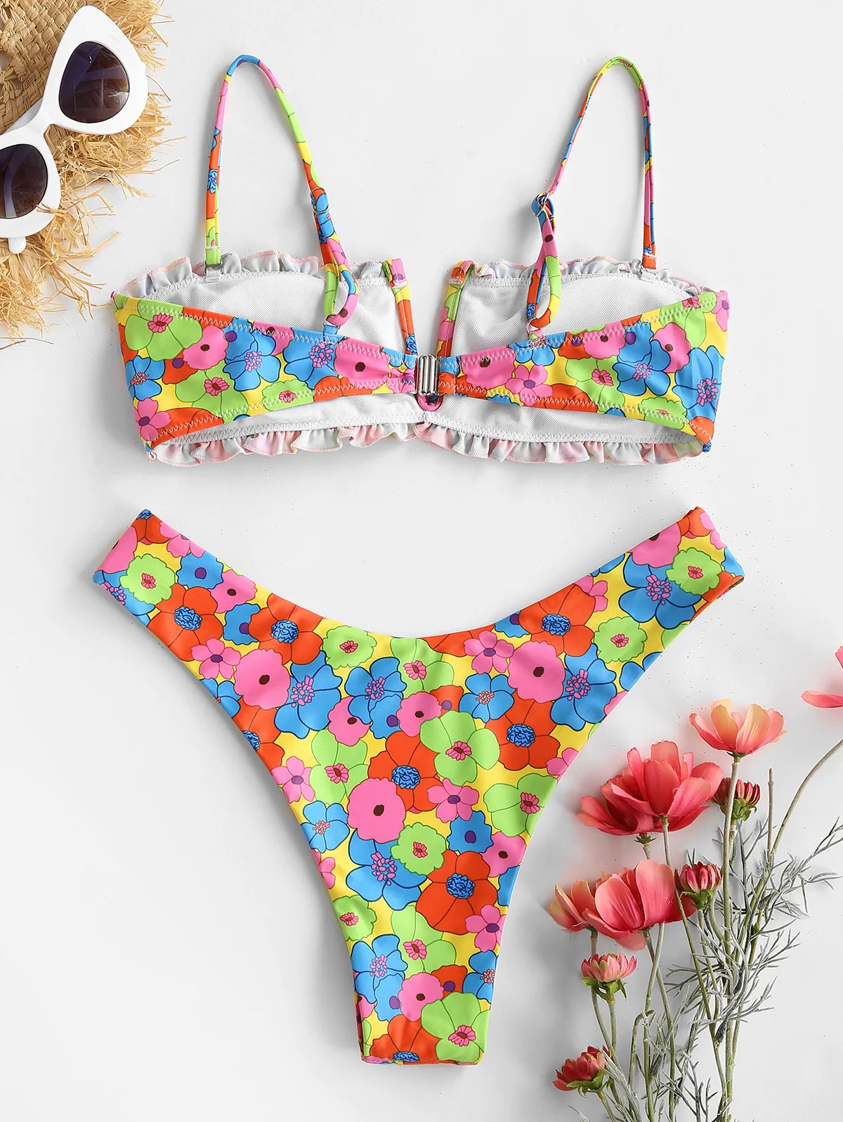 Zaful Damen Badeanzug Rüschen Blumen V-Draht High Cut Bikini Bade bekleidung