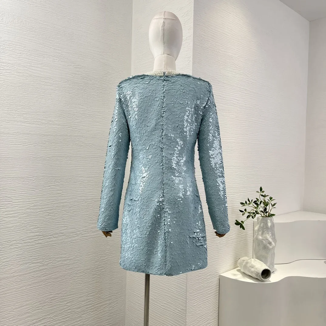 2024 New Arrivals Women Blue Sequined Diamonds Cystals Long Sleeve Mini Dress