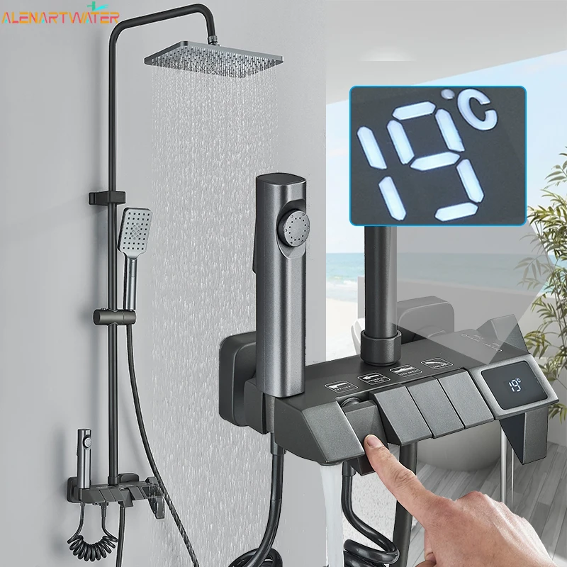 Grey Piano Digital Shower Set Intelligent Brass Bathroom Faucets Hot Cold Waterfall Tap Rainfall Gray Shower System chuveiro