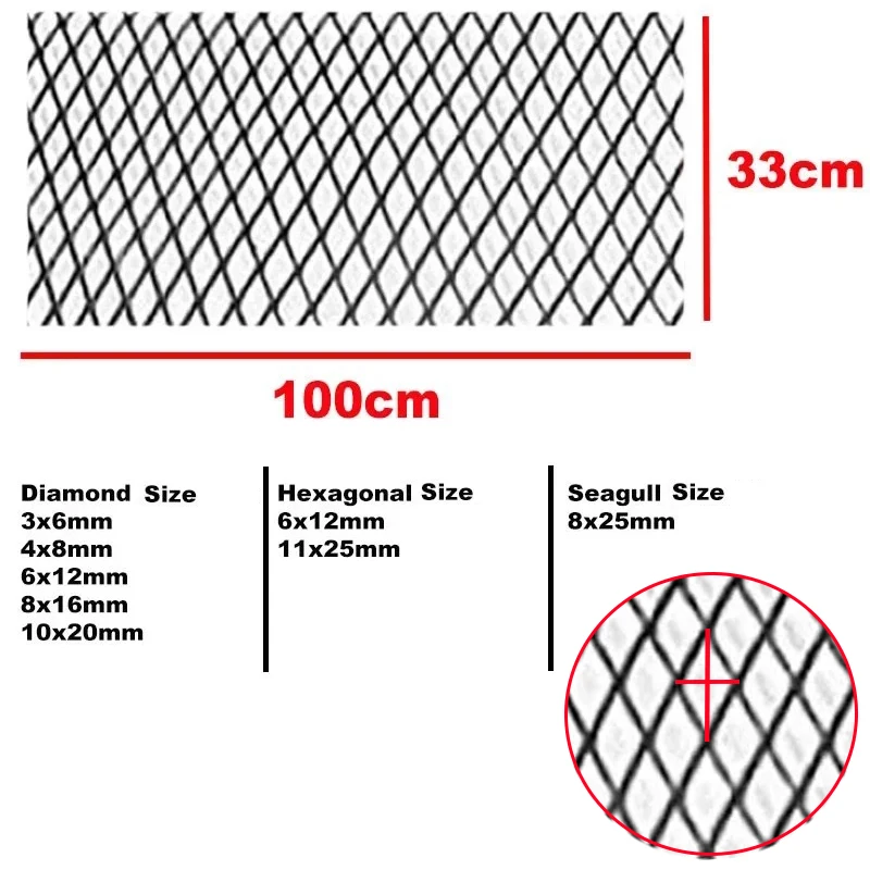 100x33cm Universal Aluminum Alloy Car Grill Mesh Auto Bumper Grille Cover Net Protector Hexagonal Diamond Seagull Black/Silver