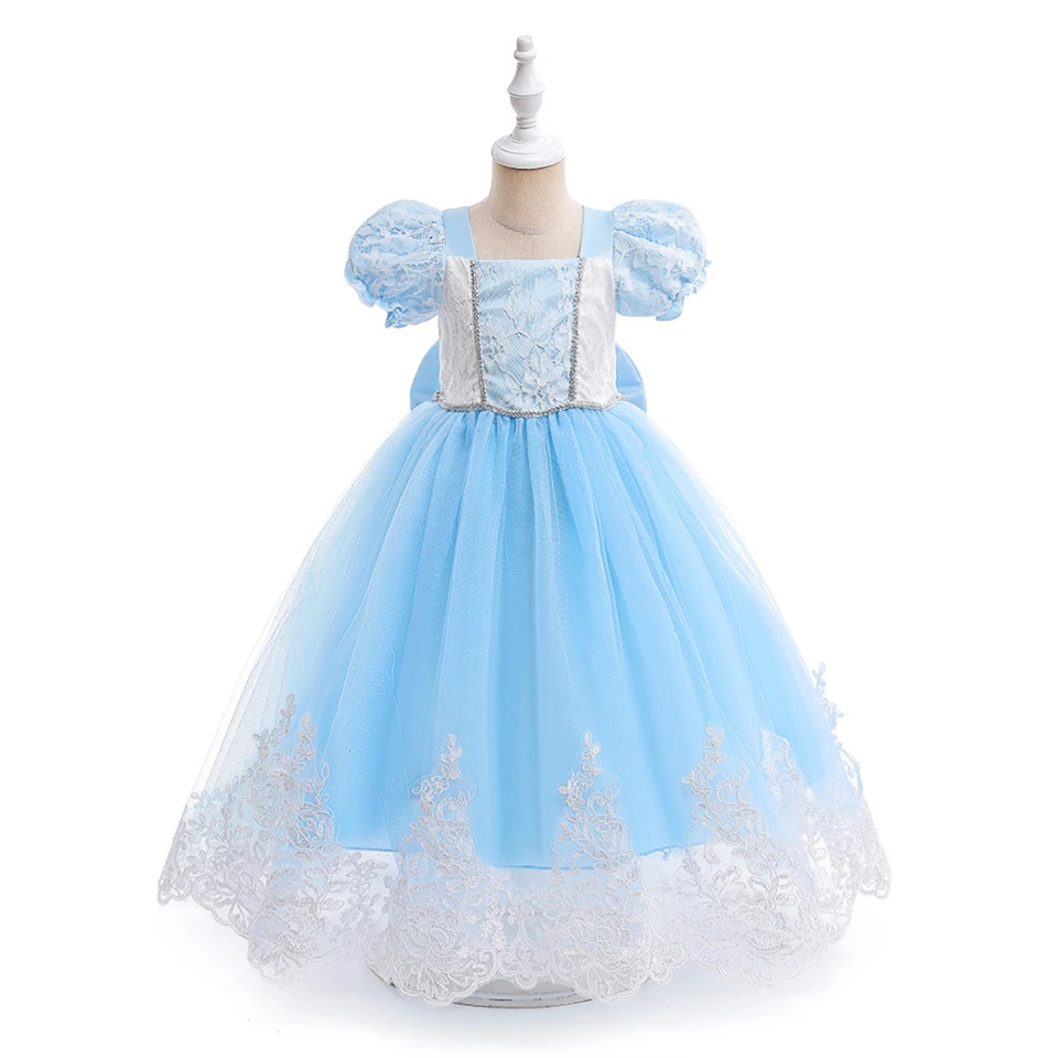 Christmas Fancy Girl Lace Flower Cinderella Princess Dress Children Blue Fluffy Tull Snow Queen Birthday Party Cosplay Costume