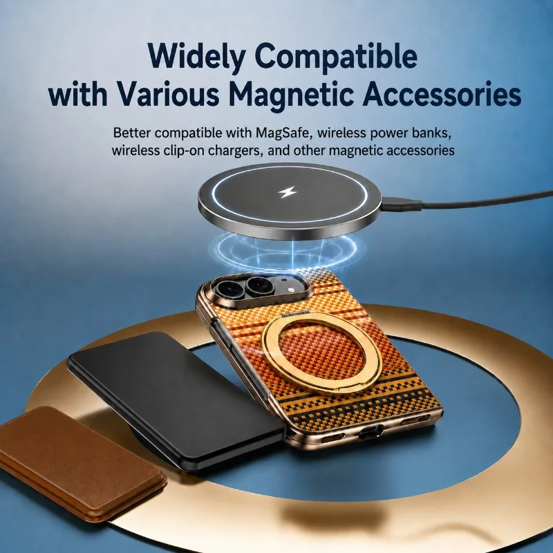 360°Rotating Metal Holder Carbon Fiber Texture For Magsafe Magnetic Fold Phone Case For iPhone Duo With Front Protective Film - view 4