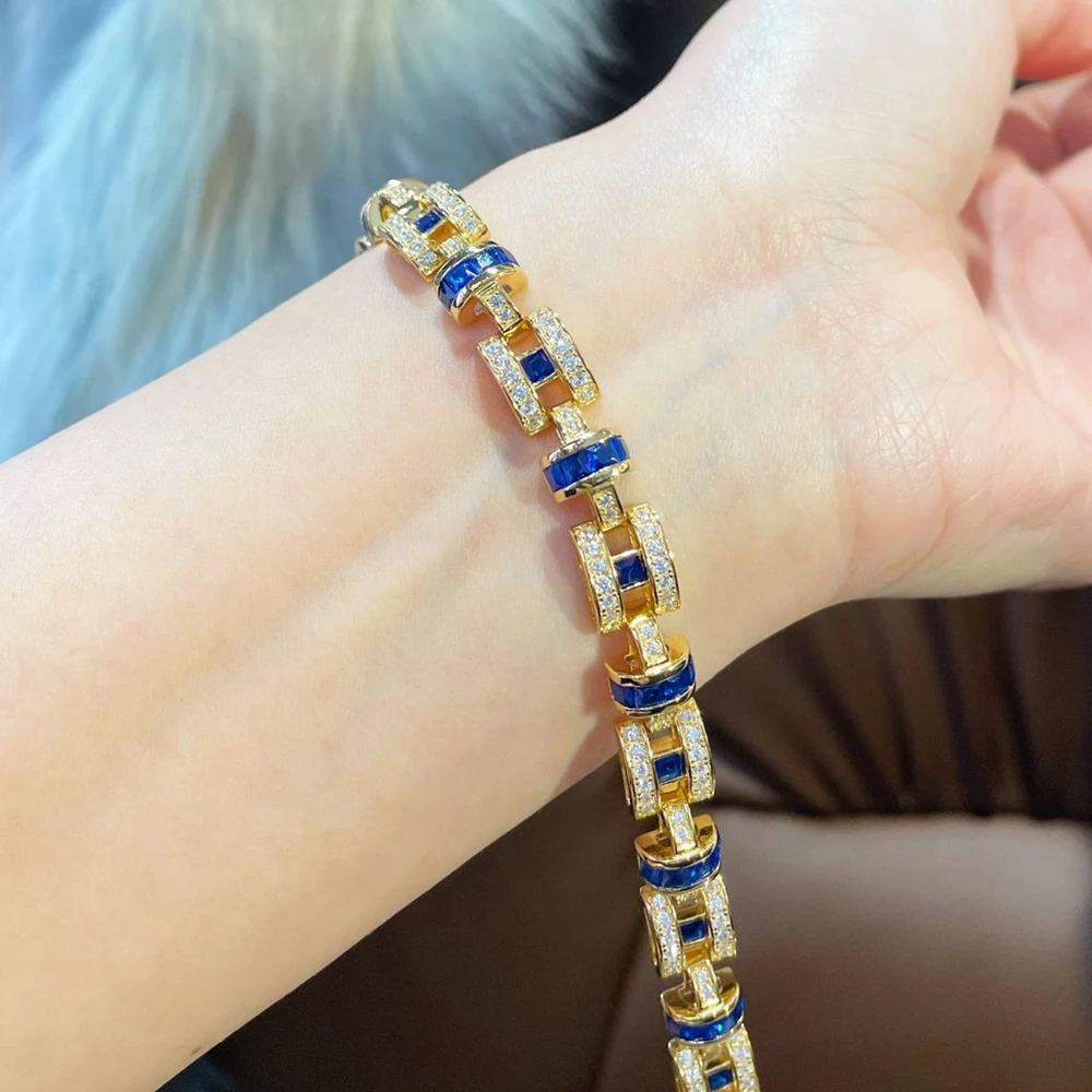 KQDANCE Solid 925 Silver With  High Carbon Diamond Lab Created Blue Sapphire Gemstone Bracelets Luxury Fine Jewelry For Women view 2