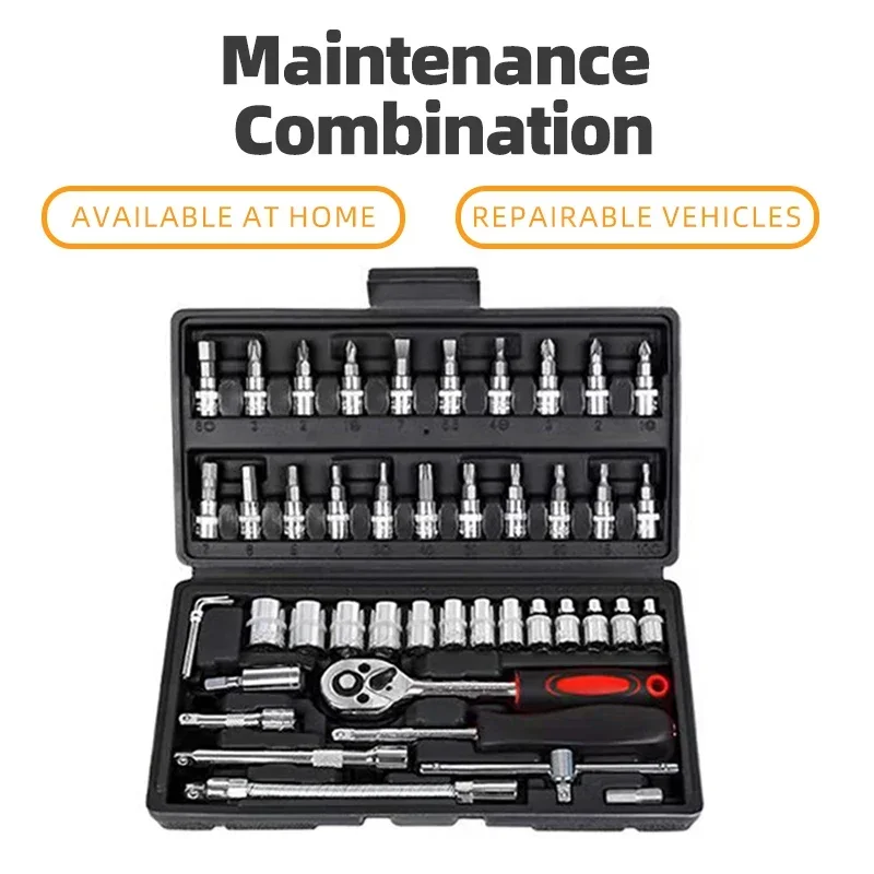 

Набор инструментов для ремонта автомобилей, мотоциклов и велосипедов, 46 предметов: комбинированные ключи, торцевые головки, отвертки