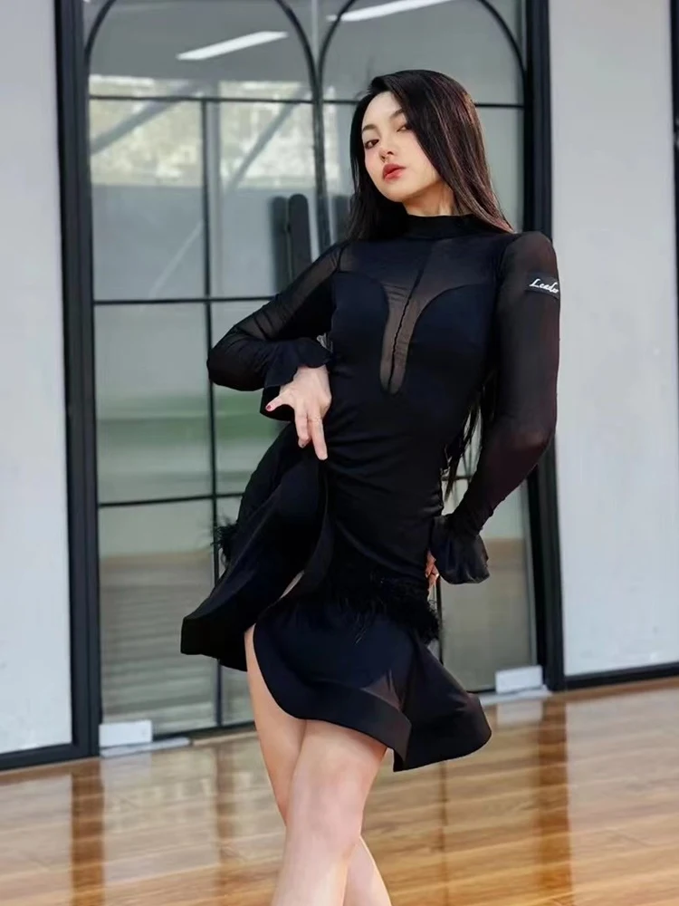 High Neck Mesh Long Sleeved Fishbone Skirt Latin Dance Dress For Women New Chacha Rumba Tango Adult Female Latin Dress DN17965