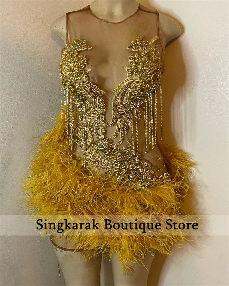 Glitter Gold Diamond Short Prom Dress Beads Crystal Rhinestones Feather Birthday Party Cocktail Senior Homecoming Customized