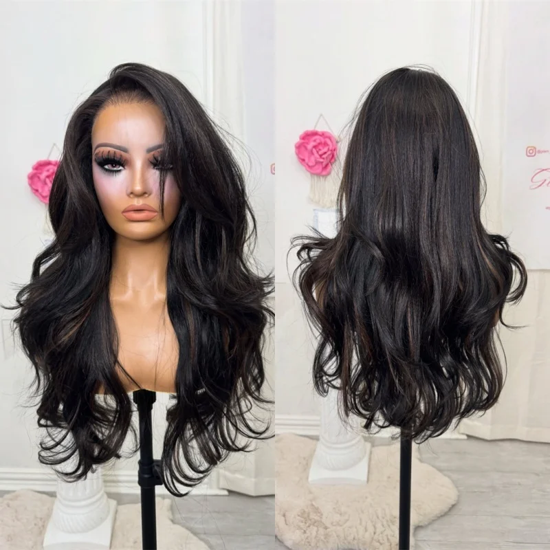 

Парик для косплея, ежедневный длинный объемный парик, темно-черный, коричневый, HD, невидимый синтетический парик спереди, оригинальный заводской парик, плотность 150%