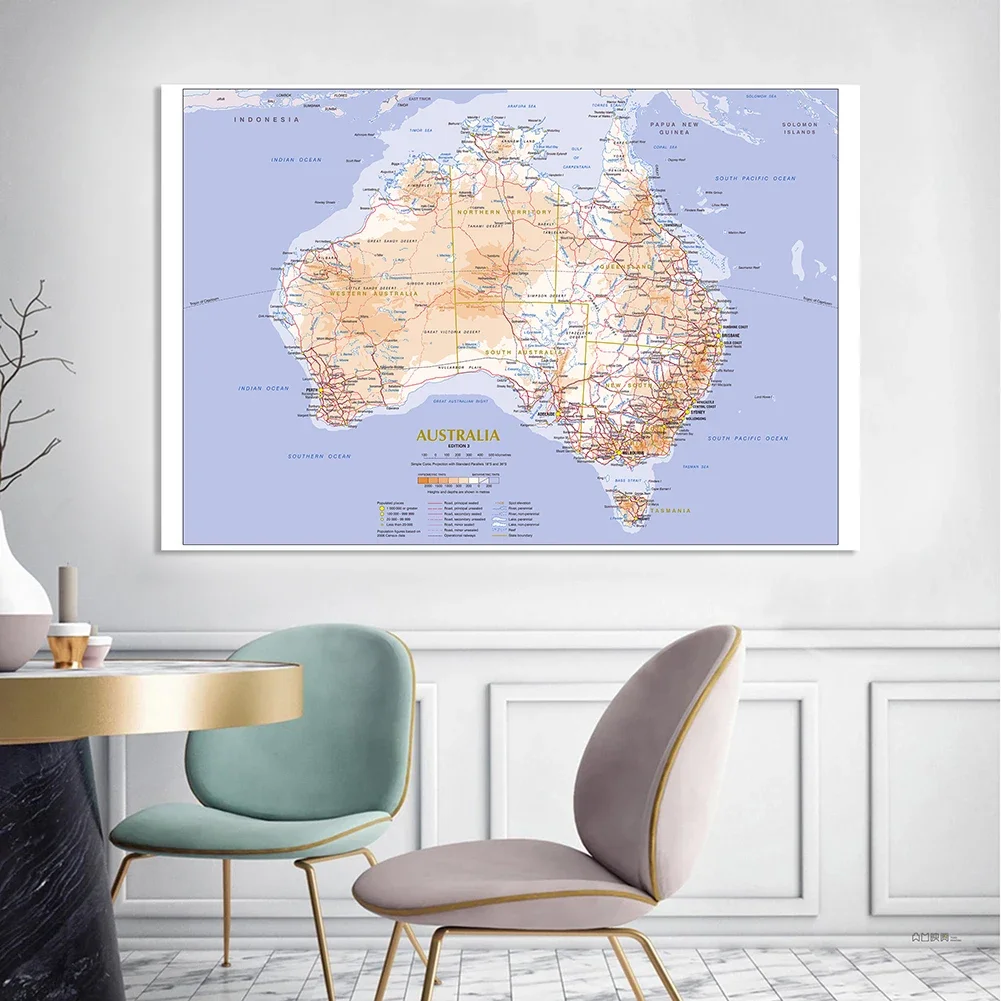 Póster grande de mapa de Geografía y Transporte de Australia, suministros de lona no tejida para escuela de pintura, decoración del hogar, 225x150cm