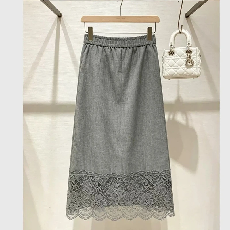 Elastic Waist Lace Patchwork Solid Elegant A-line Skirt Summer Hollow Out Temperament Midi Skirt Fashion Casual Women Clothing