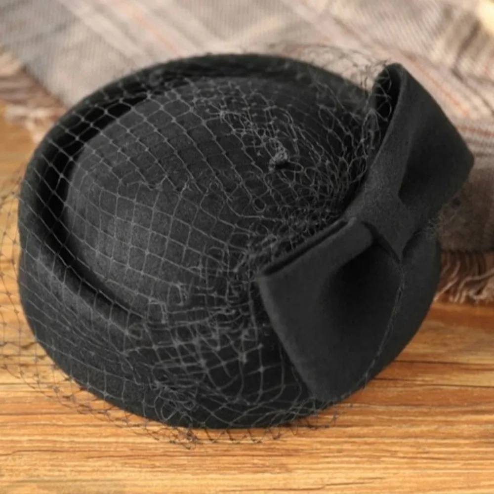 New Elegant Mesh Wool Jazz Hat Warm Woolen Breathable British Style Hat Bowknot Veil Hat Photography Decoration