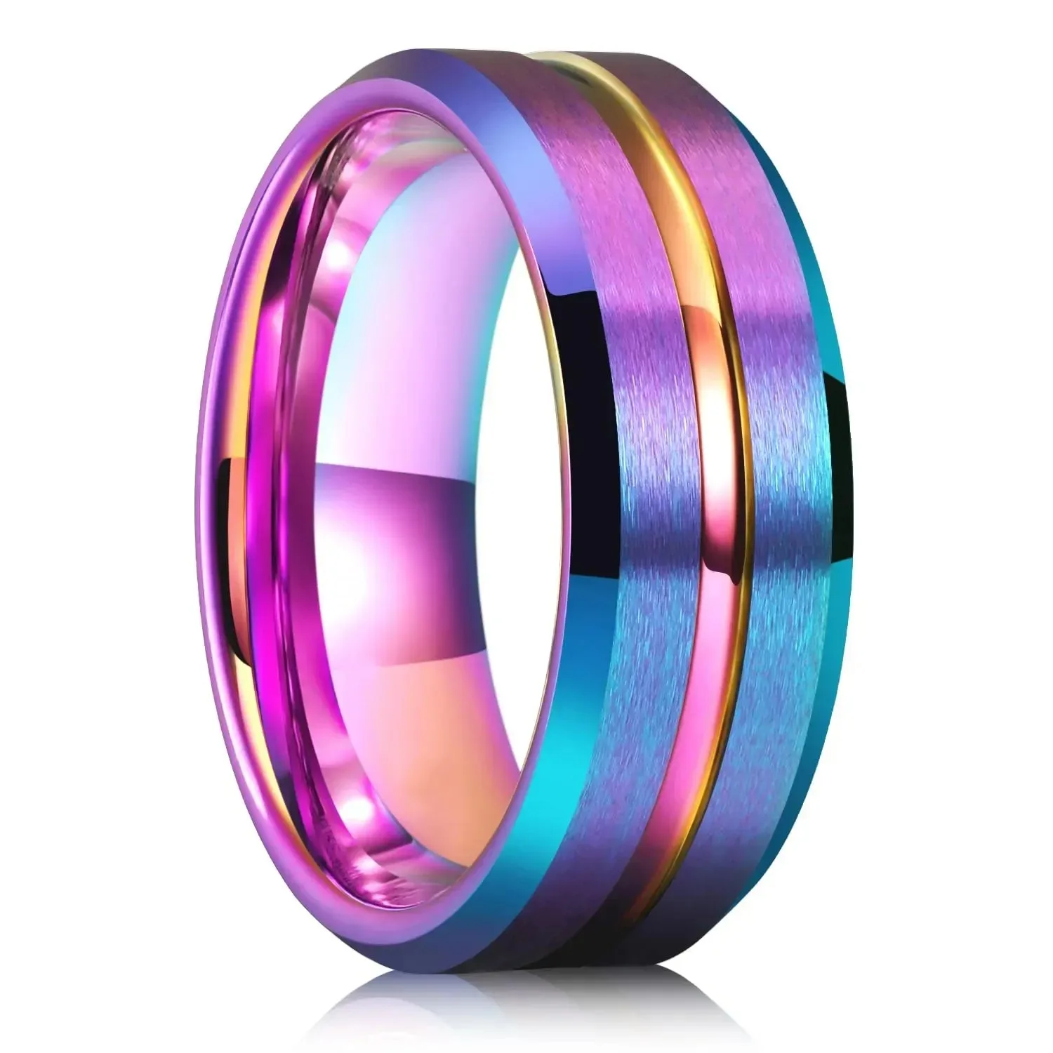 Fashion 8mm Rainbow Stainless Steel Rings For Men Women Matte Finish High Polished Beveled Edge Men Rings Wedding Bands Jewelry