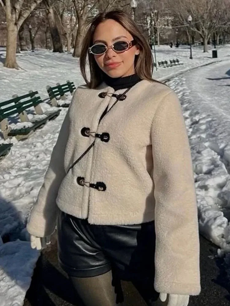 HH المرأة الشتاء موضة الصلبة الدافئة على الوجهين سترة مع عقدة مشبك فو الفراء الديكور الشارع الشهير عادية سليم معطف قصير #3