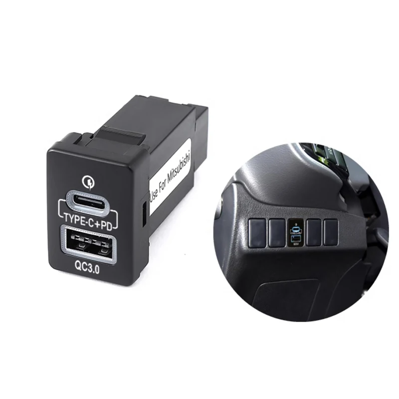 1PC Quick Car Charger Dual USB QC3.0 Type C PD Interface Socket Auto Phone Fast Charging Adapter Button For Mitsubishi Outlander