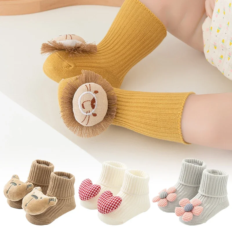 Cotton Baby Socks Non-Slip Floor Socks Spring Autumn Newborn Baby Socks in The Tube Cartoon 3d Doll Toddler Sock for 0-36Months