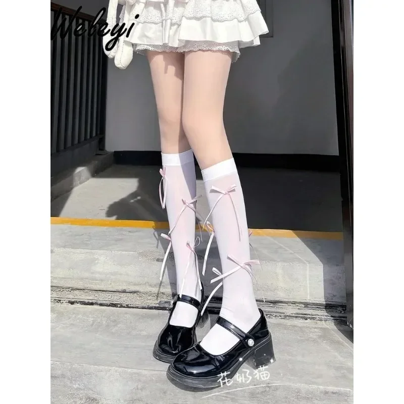 Japanese Girls Jiraikei Bow Cotton Calf Socks 2024 Summer Autumn New Cute Girly Pink Mid-Calf Socks Thin White Long Stockings