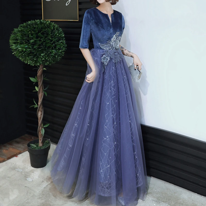 Customized Elegant Velvet Small V Neck Half Sleeve Slim Fit Evening Vestidos Front Flower Appliques Prom Dresses Exquisite Lurex