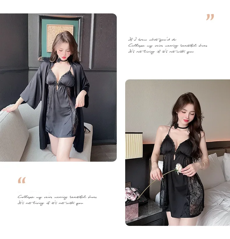 Conjunto de Dos Piezas de Lencería Sexy de Satén con Encaje para Mujer, Camisón de Verano con Relleno en el Pecho, Cuello en V, Ropa de Dormir Cómoda para el Hogar