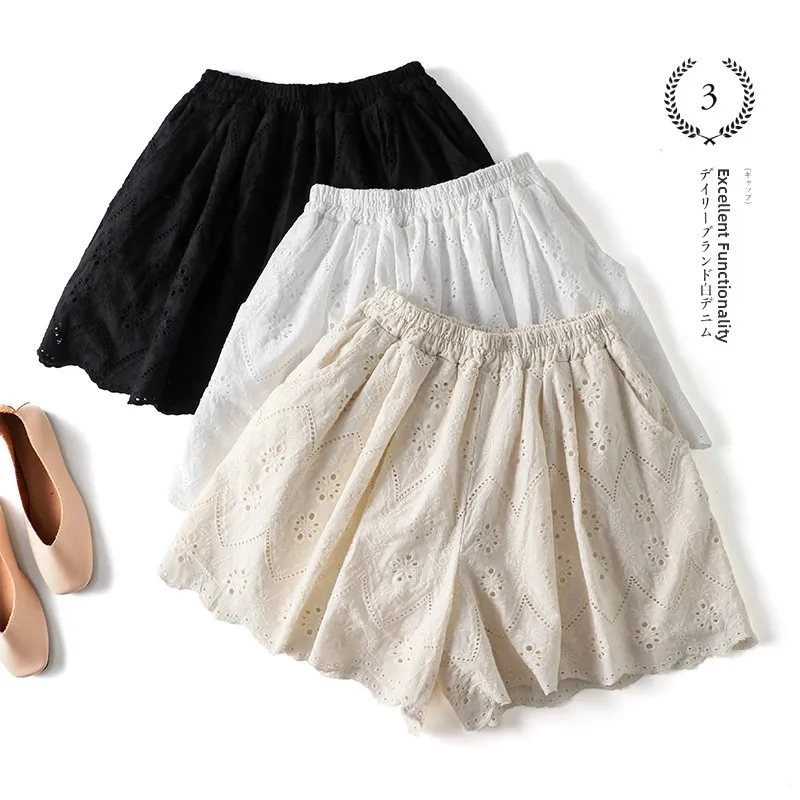 Ele bestickte, ausgehöhlte Baumwoll-Ort-Hose für Damen, lockere Freizeithose mit weitem Bein, bequem, atmungsaktiv, Sommerfaion